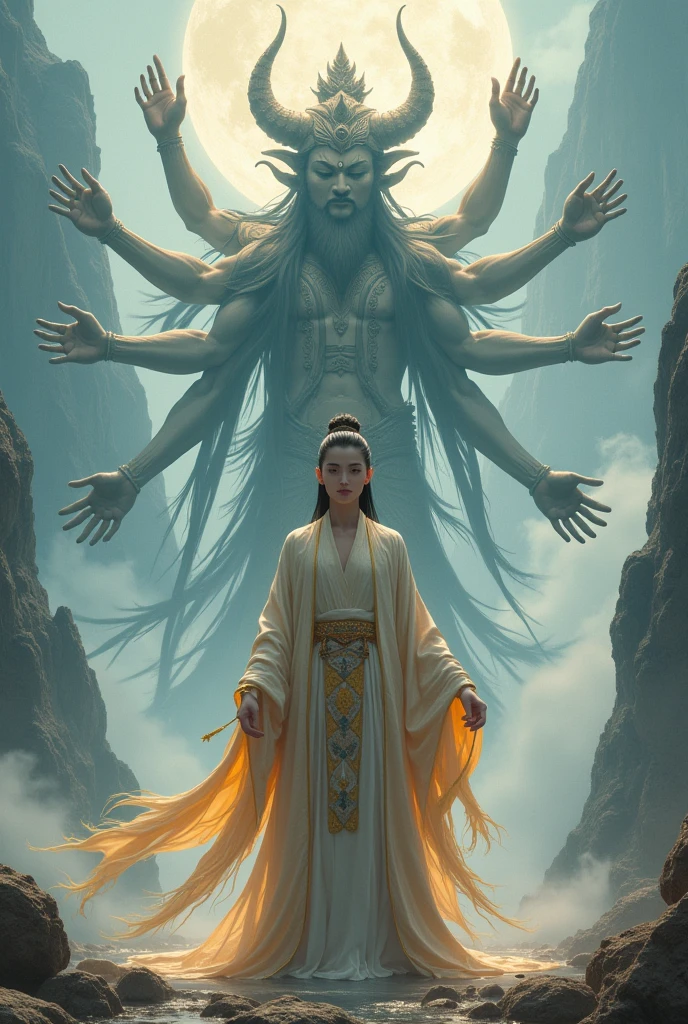Realistic, Xianxia, young man cultivator immortal demon & buddha with avatar asura behind him.