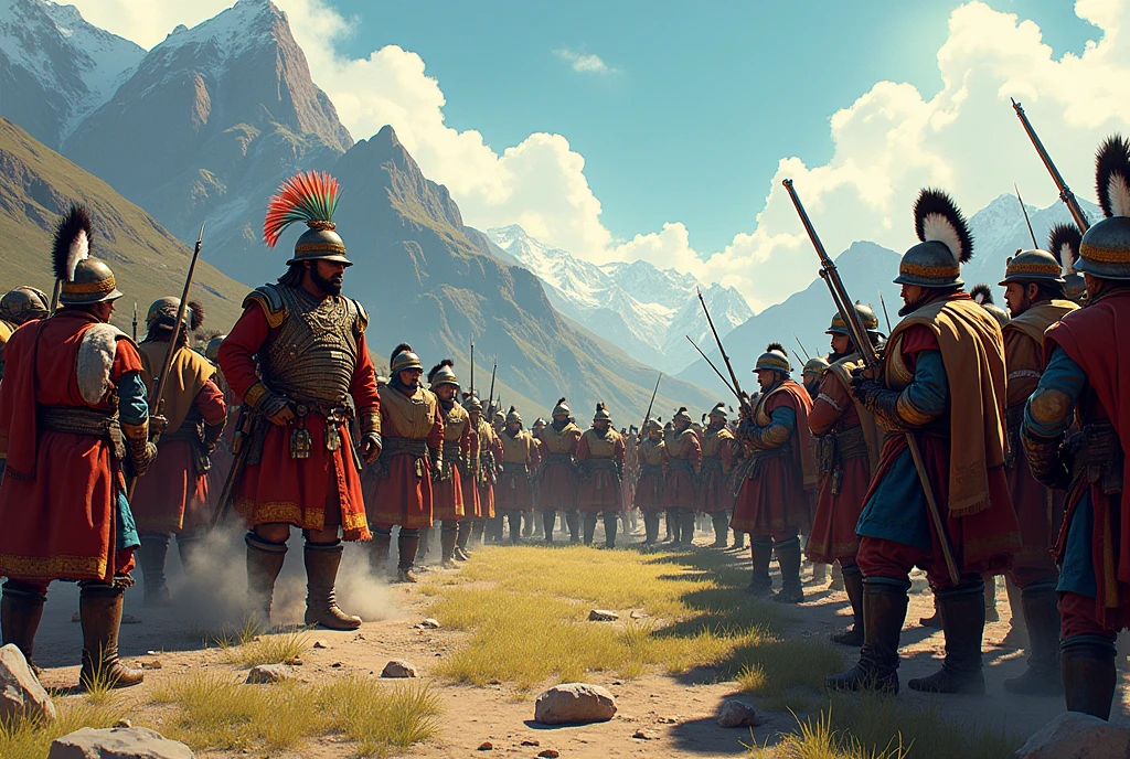 Inca army of a mestizo defeated by 3 Spanish guards during the time of the viceroyalty in Peru, 1780 2D graphic novel style, 