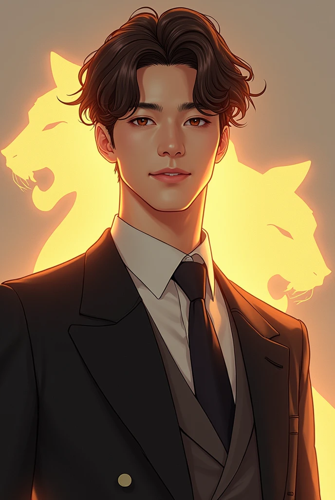 Draw Hwang Jiho manhwa style character from the Korean novel EX rank supporting roles replay in a prestigious school, like a mature boy, high, elegant, smiling, brown hair and eyes, and behind it a subtle transparent bright golden aura in tiger silhouette