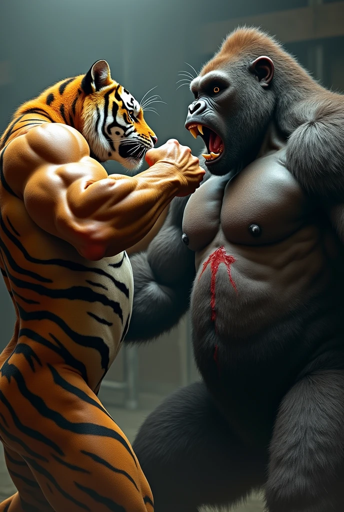 The tiger muscular bodybuilder hits the gorilla muscular bodybuilder with his right hand and the tiger bleeds in its stomach.