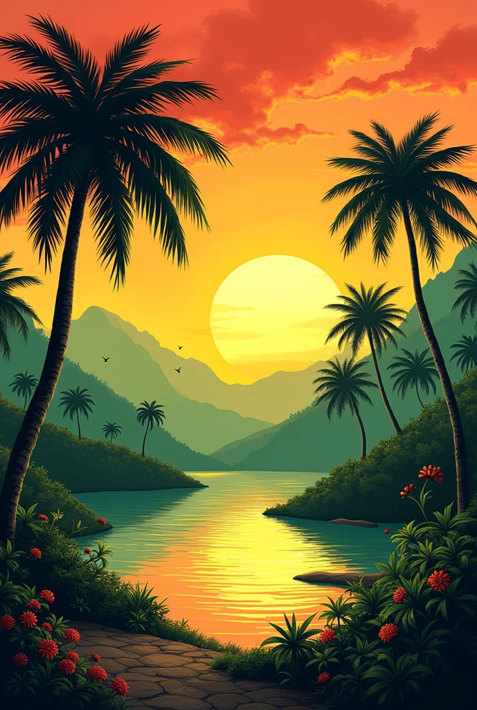 Create an image of a landscape with the colors and symbols of Reggae 