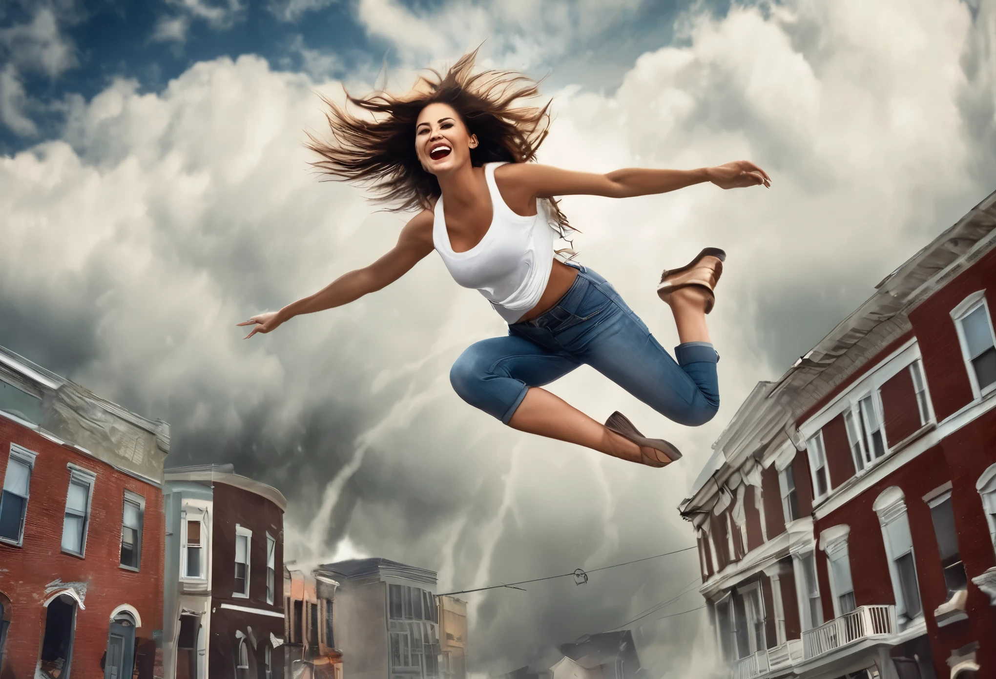 Very realistic and lifelike images, a strong hurricane is hitting an American-style town, strong winds are blowing, a beautiful woman is flying in the air, completely off the ground, she is wearing a shirt and jeans, she is upside down in the air, she looks happy, the camera work clearly shows the beautiful woman flying in the air, and she has a happy expression on her face. clearly showing the beautiful woman flying through the air.