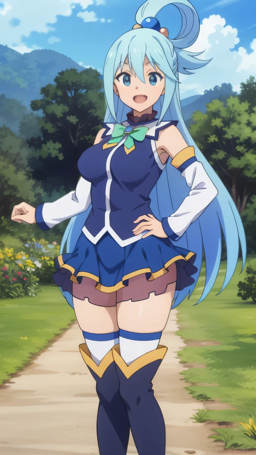 {{{masterpiece}}}, {{{best quality}}}, {{ultra-detailed}}, {illustration}, {{an extremely delicate and beautiful}}, (beautiful detailed eyes:1.6), extremely detailed face, 16k, visual anime de uma jovem mulher, extremamente bonito rosto de anime, anime melhor garota,(High resolution eyes, Beautiful eyes, Light in the eyes), anime face, aqua (konosuba), 1girl, cute face, long hair, blue eyes, hair ornament, very long hair, blue hair, bangs, hair rings, single hair ring, hair bobbles, large breasts, thin waist, big hips, curvaceous, BREAK, skirt, shirt, thighhighs, bare shoulders, detached sleeves, white sleeves, white thighhighs, (blue skirt:1.2), mini skirt, blue shirt, green bow, (blue long boots:1.3), thighs, zettai ryouiki, BREAK, open mouth, smiling, outdoor, sky, mountain, daytime, castle, forest, flower garden, field