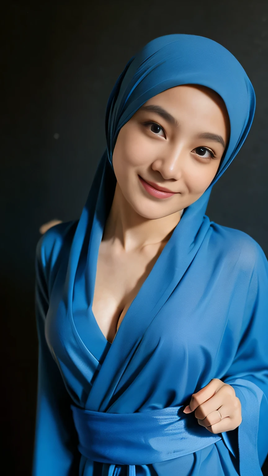 Malay girl in hijab, (wearing blue kimono), unbuttoned, cleavage exposed, (small breast), breast about to burst out, portrait photography, ultra detail, professional photograph with professional lighting, smile, light blue studio background, standing, seductive pose, in a studio, view from front, sexy pose, sexy woman,