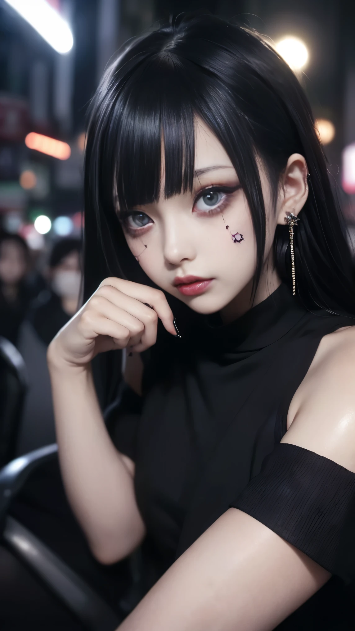 Cinema Lighting、(Key Light:Front 45 degree angle, Subsidy Light、Backlight、Shadow、Blue and orange color palette), Accurate human body、Knowledgeable person、Correct five-finger、RAW Photos、4K - ultra-vivid、Highest quality, masterpiece, Ultra-high resolution, (reality: 1.4),
(((Oilskin,Glowing Skin、Realistic skin texture、Beautiful skin in every detail、Glowing Skin、Glowing Skin)))、
Beautiful youth, 1 girl, 魅力的なgirl, クールなgirl、girl、mini skirt、Black Mask、((赤いHeavy makeup))、((Small breasts)) 、 girl1人, Purple eyes, Off-the-shoulder sweater dress, Cinema Lighting、purple and black hair、(Mine girl、Goth Makeup、My Makeup)、(Earrings、Small breasts、An oversized black t-shirt with open shoulders、ダークmini skirt)、((Heavy makeup、Oilskin,Glowing Skin、Realistic skin texture、Fine and beautiful skin、Glowing Skin)), Dark downtown at night、Kabukicho、Dark Cyberpunk、(Full Shot:1.8)、Thin legs、Thin arms、Narrow shoulders、Tight waist、Slender body、Small breasts、whole body