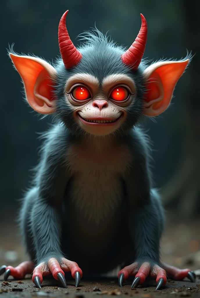 Cute monkey with big red eyes , with red devil horns and large claws , with a malicious look