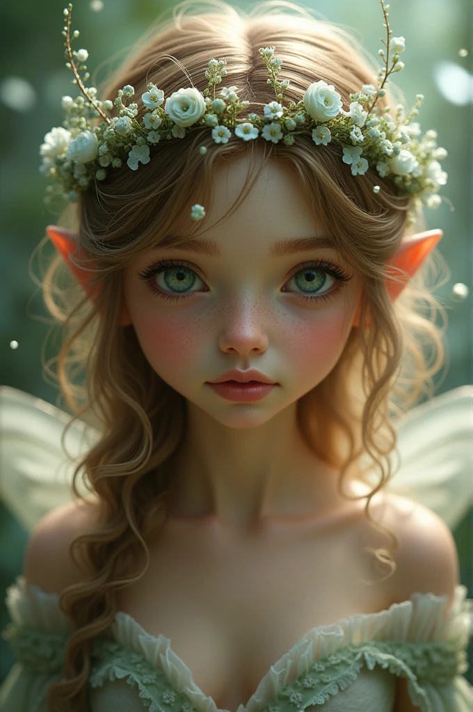 Female
Tan
Curly hair 
White eyes
Brown hair 
Crown
Fairy 
Short & skinny
