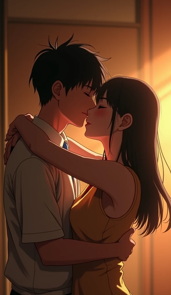 (32K:1.9, Realistic:1.9, Highest quality, masterpiece, Ultra-high resolution), Perfect dynamic composition:1.3, Highly detailed skin and facial textures:1.3, Cute sexy slim Japanese girl, (Slimman, Height about 180cm), (They both close their eyes, A man hugs and kisses a woman:1.3), Fair skin, ((Clarity:1.1)), (Man is anime「Marmalade Boy」Yuu&#39;s uniform:1.3, Bright yellow hair, beautiful目:1.3), (The woman is wearing a uniform with a light blue tie.:1.3, Straight black hair.:1.3, smile:0.9, A man completely charms a woman:0.9, beautiful Blue Eyes, beautiful, Clear Eyes:0.8), Sexy Face:0.4, blush:1.1, (beautifulエロティシズムを醸し出す雰囲気:0.8), Professional random camera work, Cinematic Lighting Effects, (Full Body Shot), (Too erotic), romantic, mysterious, Object of admiration, original, dramatic, artistic, Innovative, charm, Heartful, Fancy, Tilt, sense of loss, special, exciting, Extreme, sense of openness, joy, joyの表現, ((若さのcharm, 女性的なcharm))