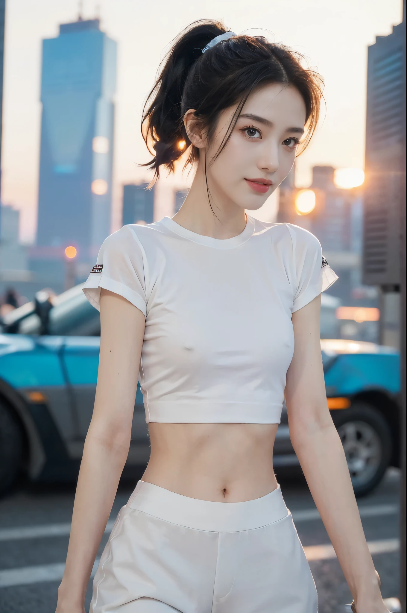 (((best quality))),(((ultra detailed))),(((masterpiece))),illustration,((1 beautiful girl,solo)),((short half ponytail,short hair)),(fair skin:1.3),(detailed eyes:1.3),(smile:1.3),((slim,thin)),((small breasts,flat chest)), (white short-sleeved t-shirt:1.3), (white sports pants:1.3),(slender legs:1.2),(standing:1.3),((vibrant colors, soft glow)), (active and healthy lifestyle,youthful charm),((on the street,cyberpunk city, towering skyscrapers)),(warm sunset glow:1.3),(detailed background:1.3),((vivid neon signs, holographic advertisements, electric atmosphere)),(outdoor:1.3),((summer,dusk scene)),((from front,upper body))