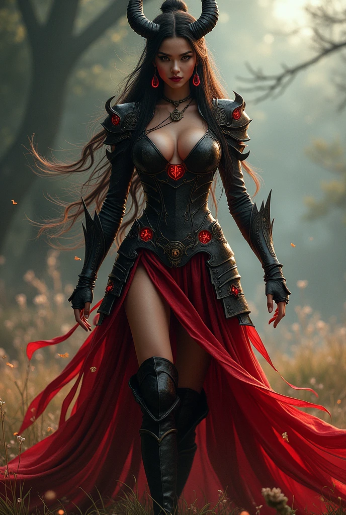 dark,Starlight,an oriental woman,Evil expression,sharp eyes,Magic Horn,long flowing hair,Big breasts,Proud figure, Wearing charming red magic scale armor,Armor skirt,Show belly button,Glowing armor rune patterns,skirt texture glowing,on the grass,The grass shines brightly,.