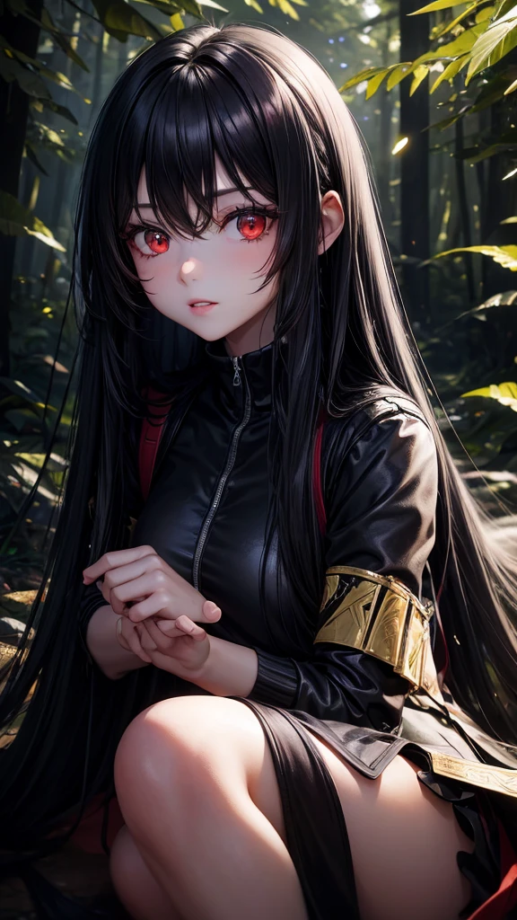 One girl, Red eyes, High-resolution model, Very long hair, Black Hair,in the forest,Spotlight,