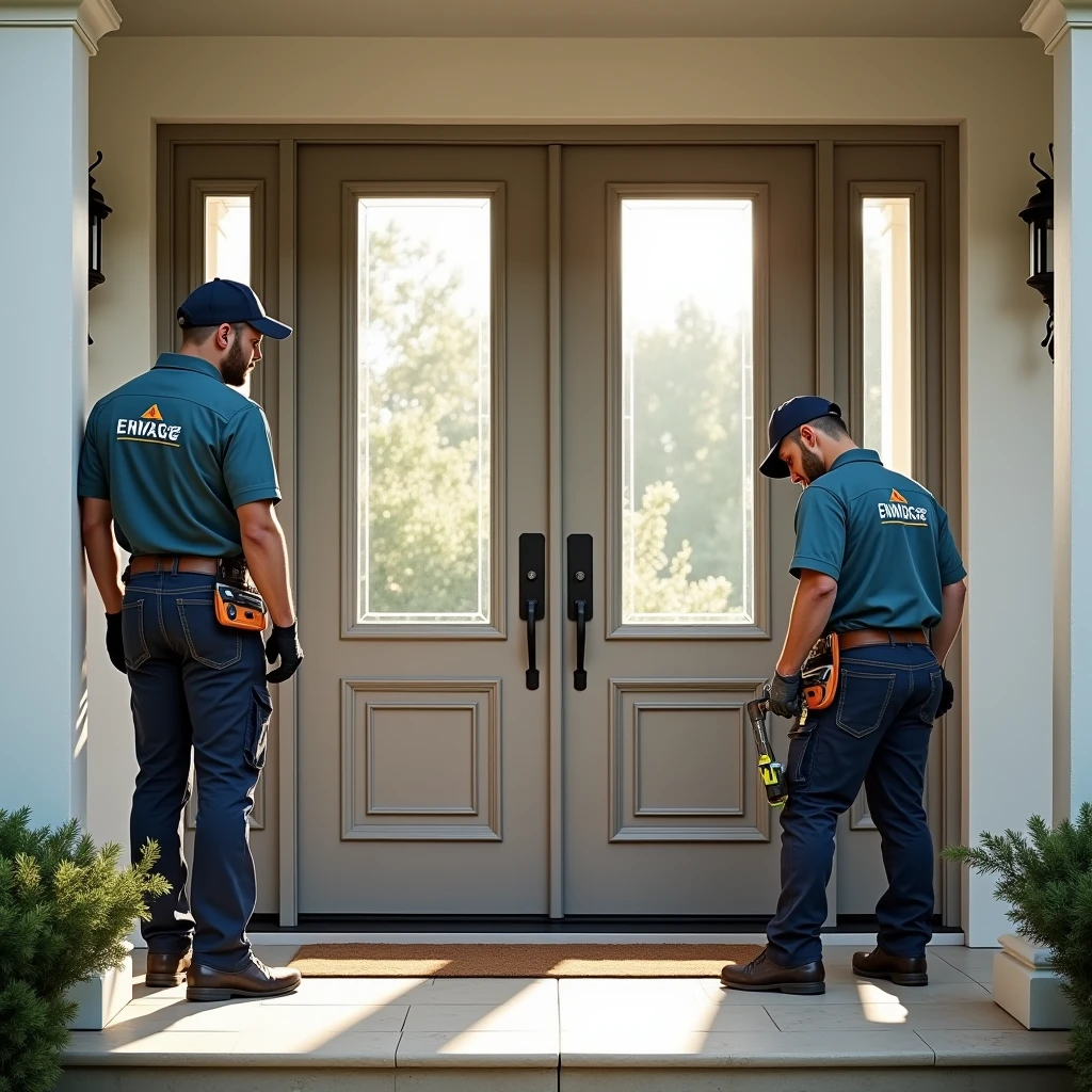 Create a professional and realistic image for an online store that offers door installation and maintenance services, focusing on the installation of a double-entry door. The image should depict skilled workers carefully installing a high-quality, double-leaf entry door at a residential entrance. The door should be elegant and sturdy, with both panels shown partially installed, highlighting the precision and craftsmanship involved in the process. The workers should be dressed in branded, professional attire, using tools like levels and drills to ensure the door is perfectly aligned. The setting should be a clean, well-maintained home entrance, with the door framed to emphasize its quality and value. Include subtle branding elements, such as logos on the workers' uniforms or tools, to reinforce the company’s identity. The overall scene should convey professionalism, expertise, and the premium service associated with installing a double-entry door.