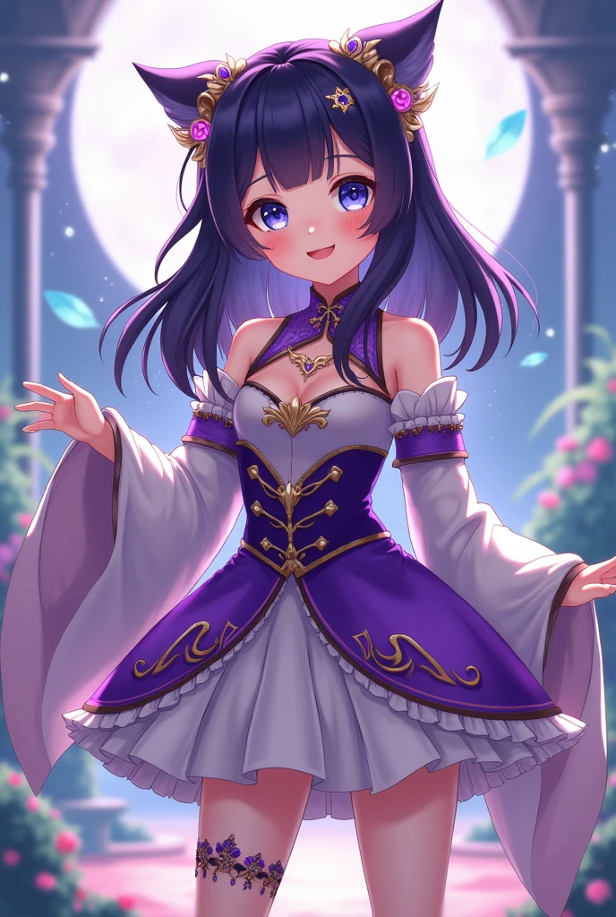 Genshin Impact Princess Outfit Idea for a Girl Full Length, cheered up, Long dark purple hair with bangs and dull blue eyes, la ropa morada y blanca falda corta y hancha enseñando hombro manga detallada clothing gemshing impact detailed sleeves showing shoulder full body cheered up