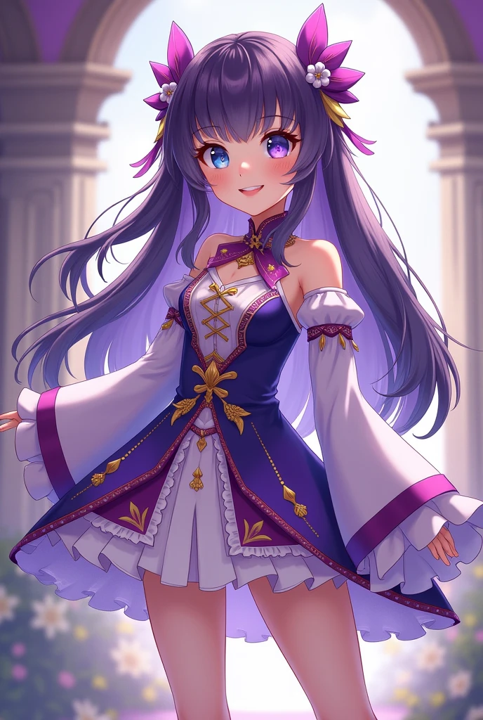 Genshin Impact Princess Outfit Idea for a Girl Full Length, cheered up, Long dark purple hair with bangs and dull blue eyes, la ropa morada y blanca falda corta y hancha enseñando hombro manga detallada clothing gemshing impact detailed sleeves showing shoulder full body cheered up