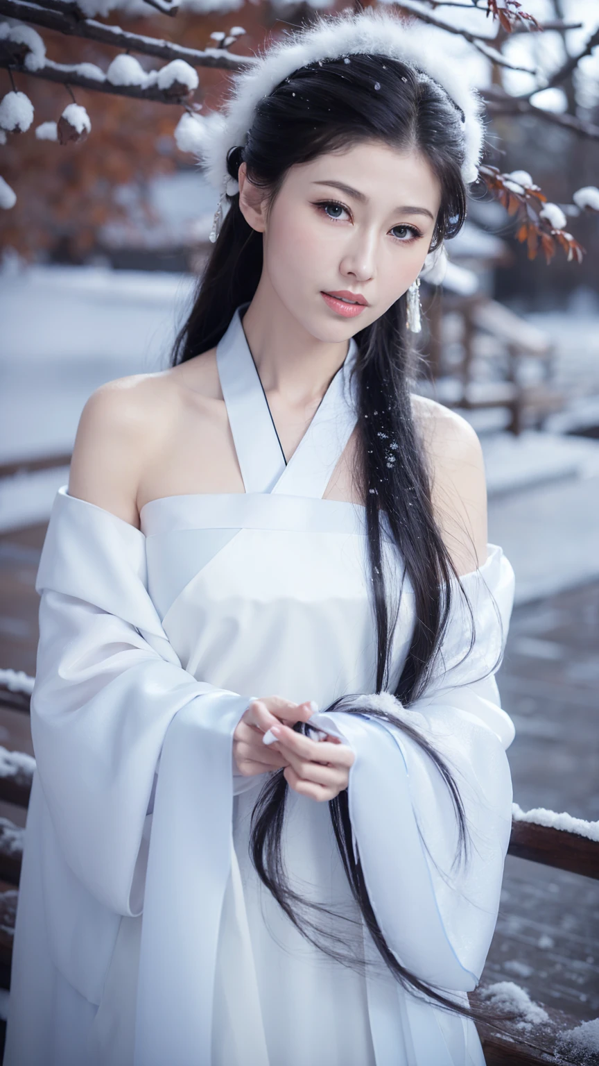 1 Fashion Model [[[[close up]]]], [[[[neck]]]], [[[[Shoulder]]]], (((Complete head)))，(((Complete hairstyle)))，Perfect eyes, Perfect Iris，Perfect lips，Perfect Teeth，Perfect skin，White skin，Soft headlights，High-density imaging，Black long hair，（Clean and delicate face），((White fur winter hanfu))，((Half-length photo))，((The background is a snowy scene))，((winter))，((Various dynamic poses))，((The background is a snowy scene))，best quality，masterpiece，（Soft colors：1.2）