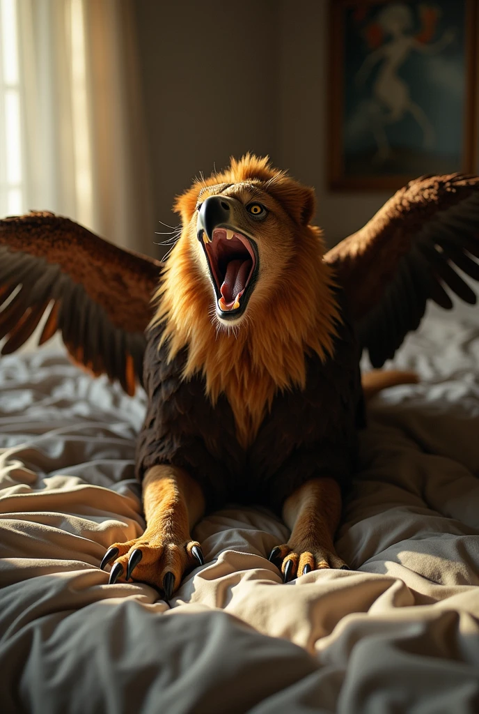 Cinema Style, A scene from selfies, A Griffon, (Eagle's head:1.4), eagle くちばし screaming, 火を吹く, lion body,
Lion's legs, Eagle Wings, lion tail, on bed, bed room, fantasy,