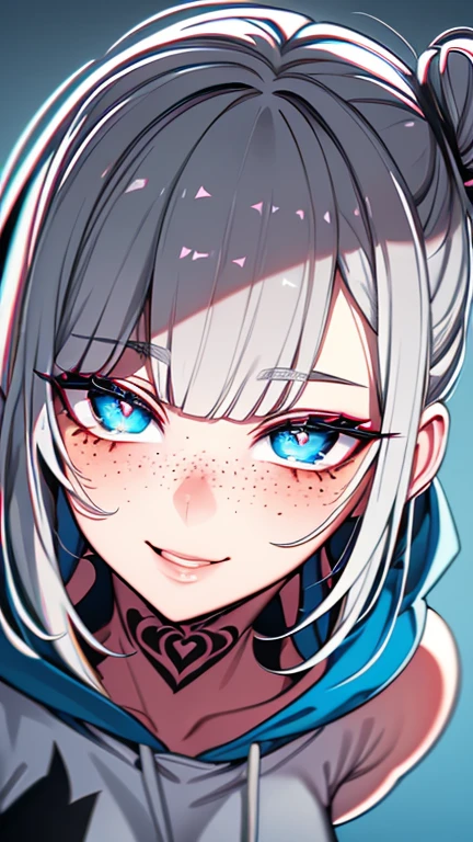 ((masterpiece)), ((ultra-detailed)), ((best quality)), ((intricate details)), ((chromatic aberration)), 1girl, hair bun, blunt bangs, makeup, black eyeliner, eyelashes, looking at viewer, silver hair, blue eyes, heart shaped pupils, freckles, tattoo, breasts, (two-tone hair:1.2), happy expression, hoodie, horny, horny eyes, blushing, 