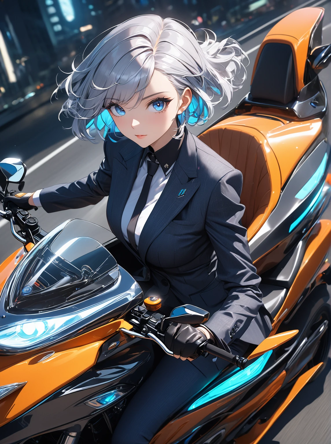 Ultra high resolution, rich colors, perfect image, best quality, detailed image, beautiful single woman, glowing skin, skin and clothing texture, delicate eyes, futuristic motorcycle, FF7, Fenrir, driving, business suit, silver bob hair, blue eyes
