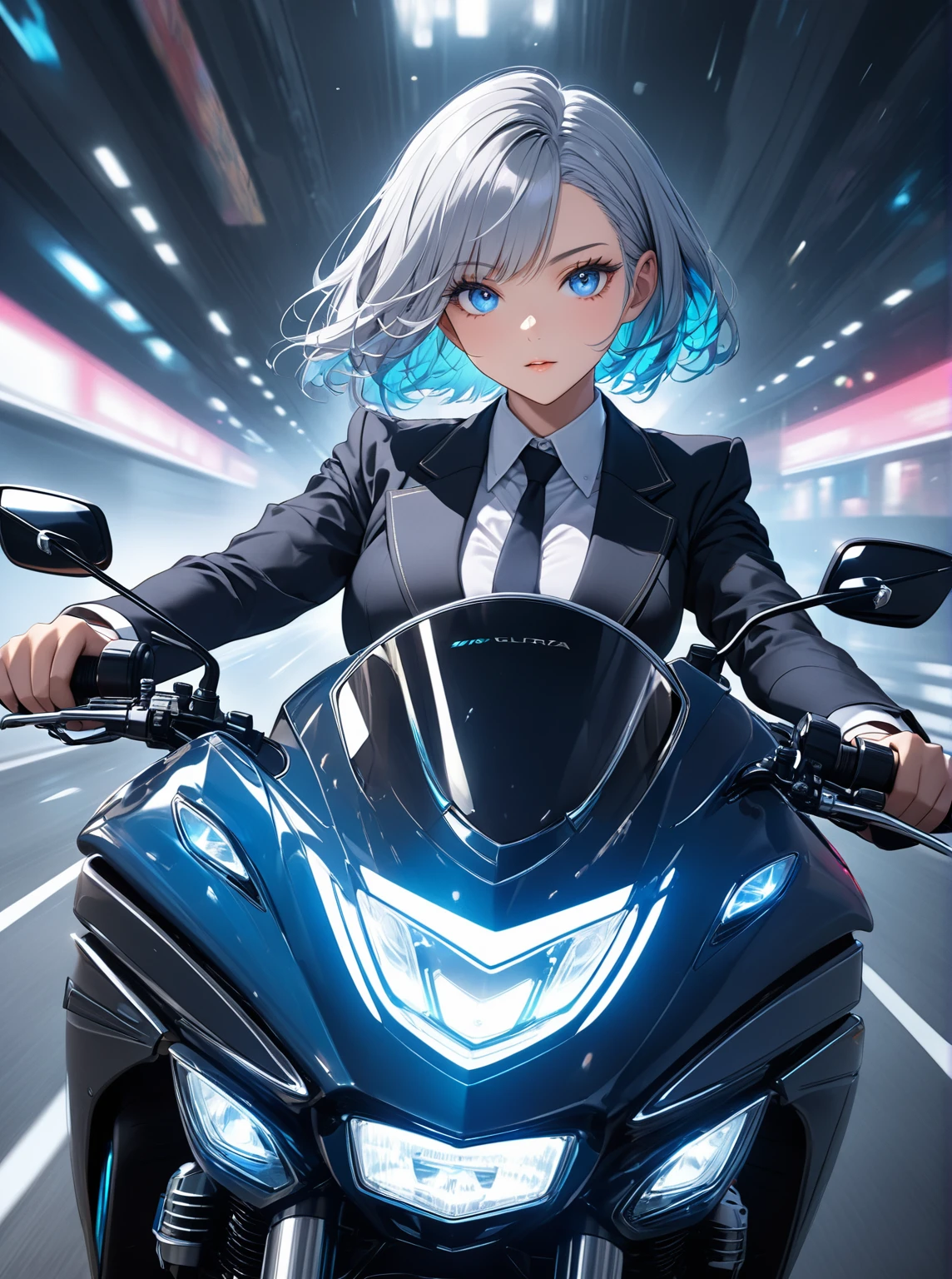Ultra high resolution, rich colors, perfect image, best quality, detailed image, beautiful single woman, glowing skin, skin and clothing texture, delicate eyes, futuristic motorcycle, driving, business suit, silver bob hair, blue eyes