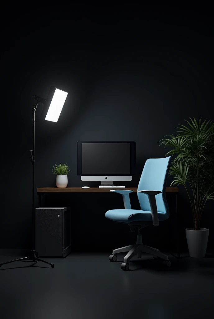 YouTube studio Black bg pc box light plant in full studeo chair teblue