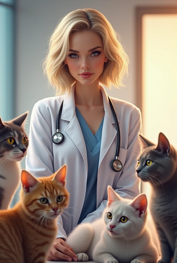 (best quality,realistic), blonde hair, short, white coat, veterinarian, doctor's office, big breast, surrounded by 4 cats, photo, vibrant colors, soft lighting