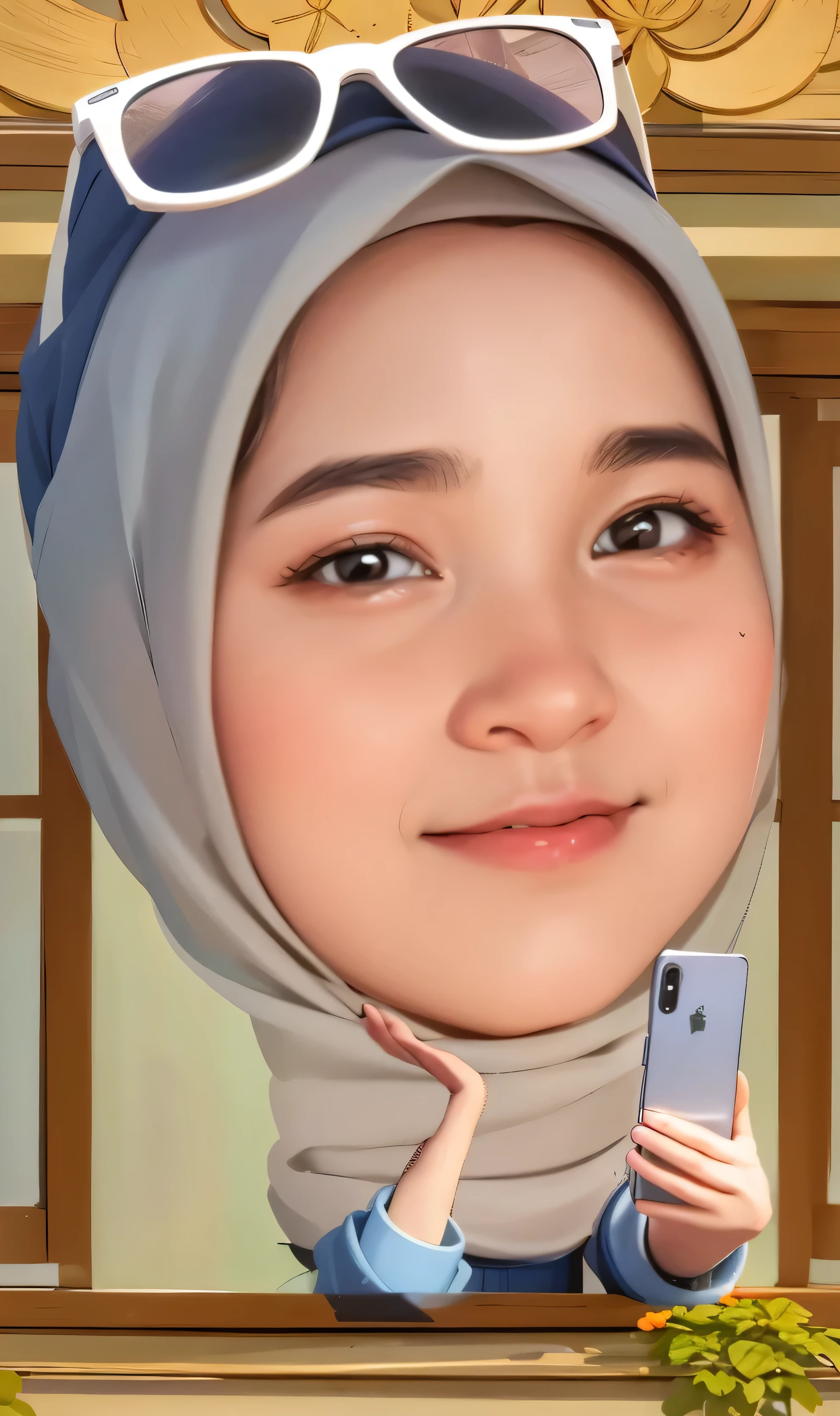 a close up of a hijab woman, while taking a selfie in the window, full protrait, realism artstyle, inspired by Nil Gleyen, nft portrait, fanart, portait photo profile picture, kawaii realistic portrait, in cartoon style, inspired by JoWOnder, protrait, high quality portrait, sakimi, inspired by Kim Jeong-hui
