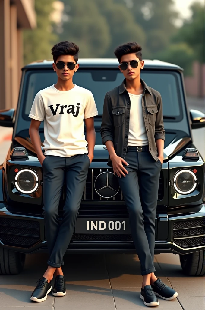 Create realistic photo of a 2 indian boy wearing sunglasses, boy is wearing fancy and good looking clocthes, on his t-shirt "VRAJ" name is written, boy is sitting on his Black G- wagon car, Car has number plat no. "IND 001", hyper realistic 3d photo