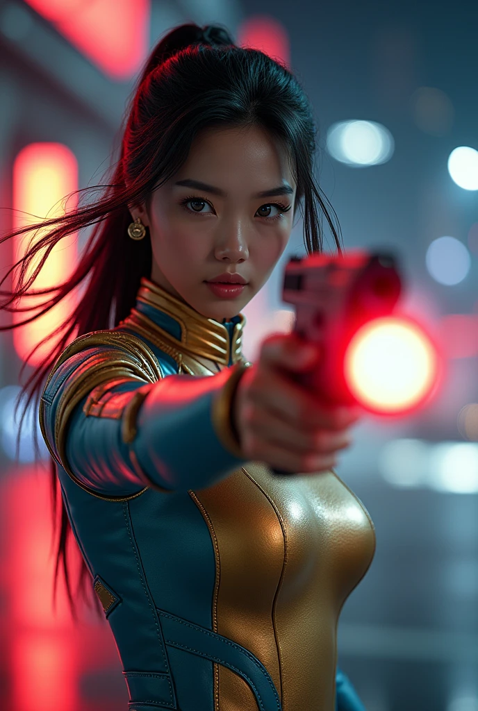 (masterpiece, best quality, beauty, best ratio, best shadows,best Illustration, wallpaper size,1080×2400 pixels, detailed face, pastel colors) star wars theme.
uhd, china female kungfu, korean beauty like tae yon, face fully visible, shooting pose, shining blue eyes, windblown hair, wear gold and blue matte futuristic full leather suit, left hand holding futuristic gun emits red energy with a shooting presence, on top background of an airport in outer space with red and orange signal lights flashing, outer space city, space rider and space town seen on far away. use the RenderMan renderer.digital art. High definition, high contrast,high color saturation,128k,cinematic lighting, intricate,cinematic advertising photograph,cinema lens, super high res.