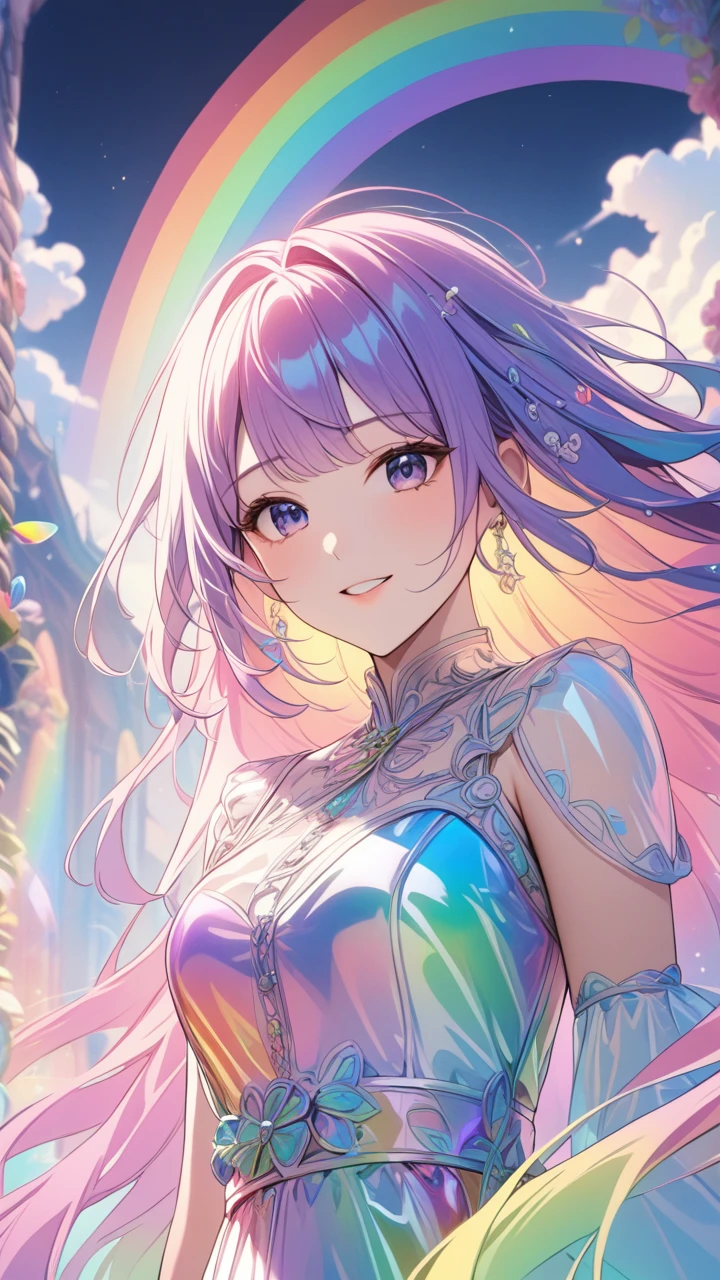 1girl, solo, surreal scene, detailed face, detailed eyes, detailed hair, detailed clothing, intricate details, magical realism, dreamlike, ethereal, whimsical, cinematic lighting, rainbow color palette, soft focus, dramatic shadows, dramatic highlights, volumetric lighting, atmospheric, mystical, fantastical, vibrant colors, detailed textures, seamless, masterpiece, best quality, transparent color PVC clothing, transparent color vinyl clothing, prismatic, holographic, chromati caberration, smile