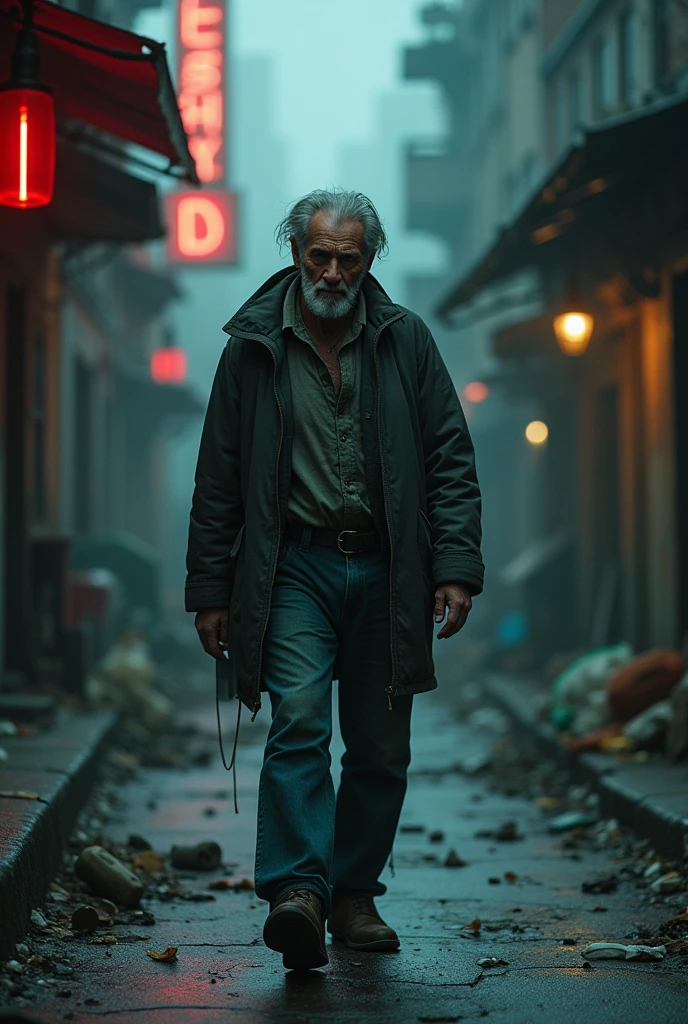 Create not so old man with drug addict appearance walking