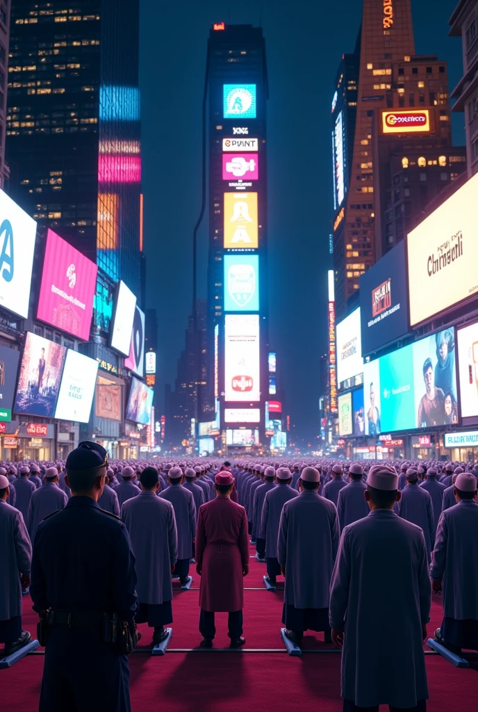Muslims offering namaz at the times square with neon lights and security