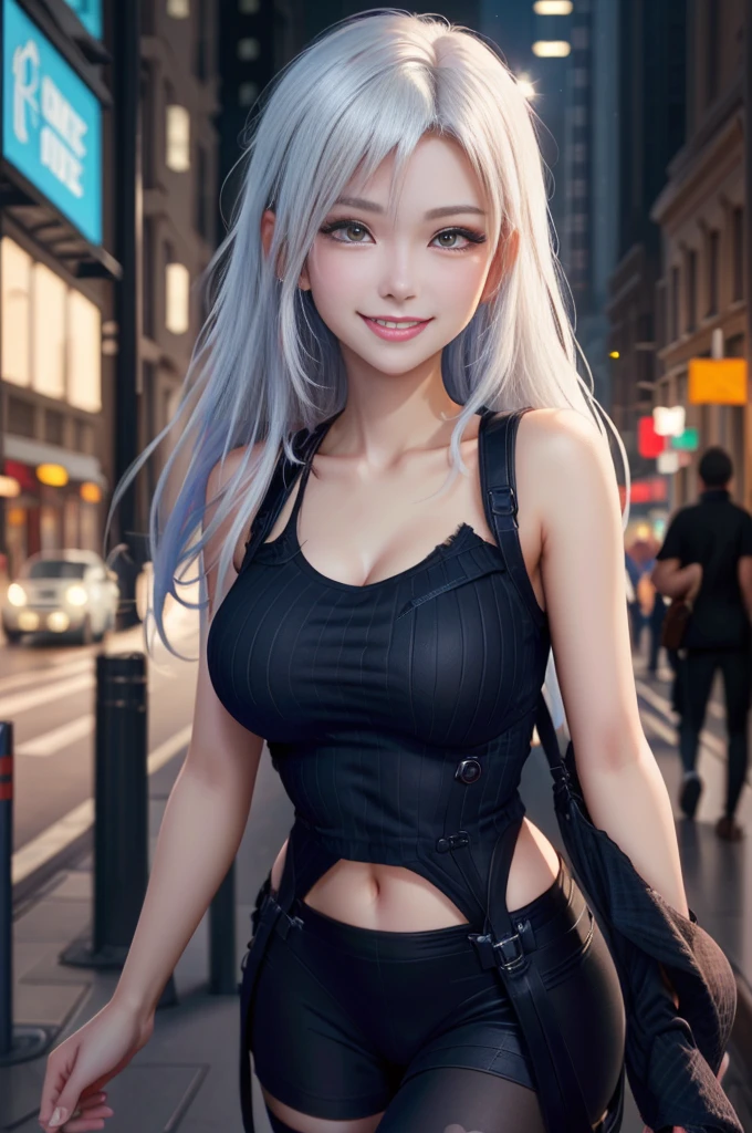 a close up of a woman in black tights on a city street, white iconic character, white hair, ross tran 8 k, ross tran style, hero pose colorful city lighting, in the style of ross tran, 8k artgerm bokeh, rossdraws cartoon vibrant, very beautiful cute catgirl, ilya kuvshinov. 4 k, inspired by Ross Tran, white girl, smile with teeth showing, close up,