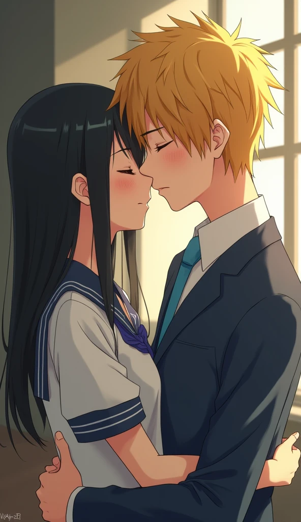 (32K:1.9, Realistic:1.9, Highest quality, masterpiece, Ultra-high resolution), Perfect dynamic composition:1.3, Highly detailed skin and facial textures:1.3, Cute sexy slim Japanese schoolgirl, (Slimman, Height about 180cm), (They both close their eyes, A man hugs and kisses a woman:1.3), Fair skin, ((Clarity:1.1)), (Man is anime「Marmalade Boy」Yuu&#39;s uniform:1.3, Bright yellow hair, beautiful目:1.3), (The woman is wearing a uniform with a light blue tie.:1.3, Straight black hair.:1.3, smile:0.9, A man completely charms a woman:0.9, beautiful Blue Eyes, beautiful, Clear Eyes:0.8), Sexy Face:0.4, blush:1.1, (beautifulエロティシズムを醸し出す雰囲気:0.8), Professional random camera work, Cinematic Lighting Effects, (Full Body Shot), (Too erotic), romantic, mysterious, Object of admiration, original, dramatic, artistic, Innovative, charm, Heartful, Fancy, Tilt, sense of loss, special, exciting, Extreme, sense of openness, joy, joyの表現, ((若さのcharm, 女性的なcharm))