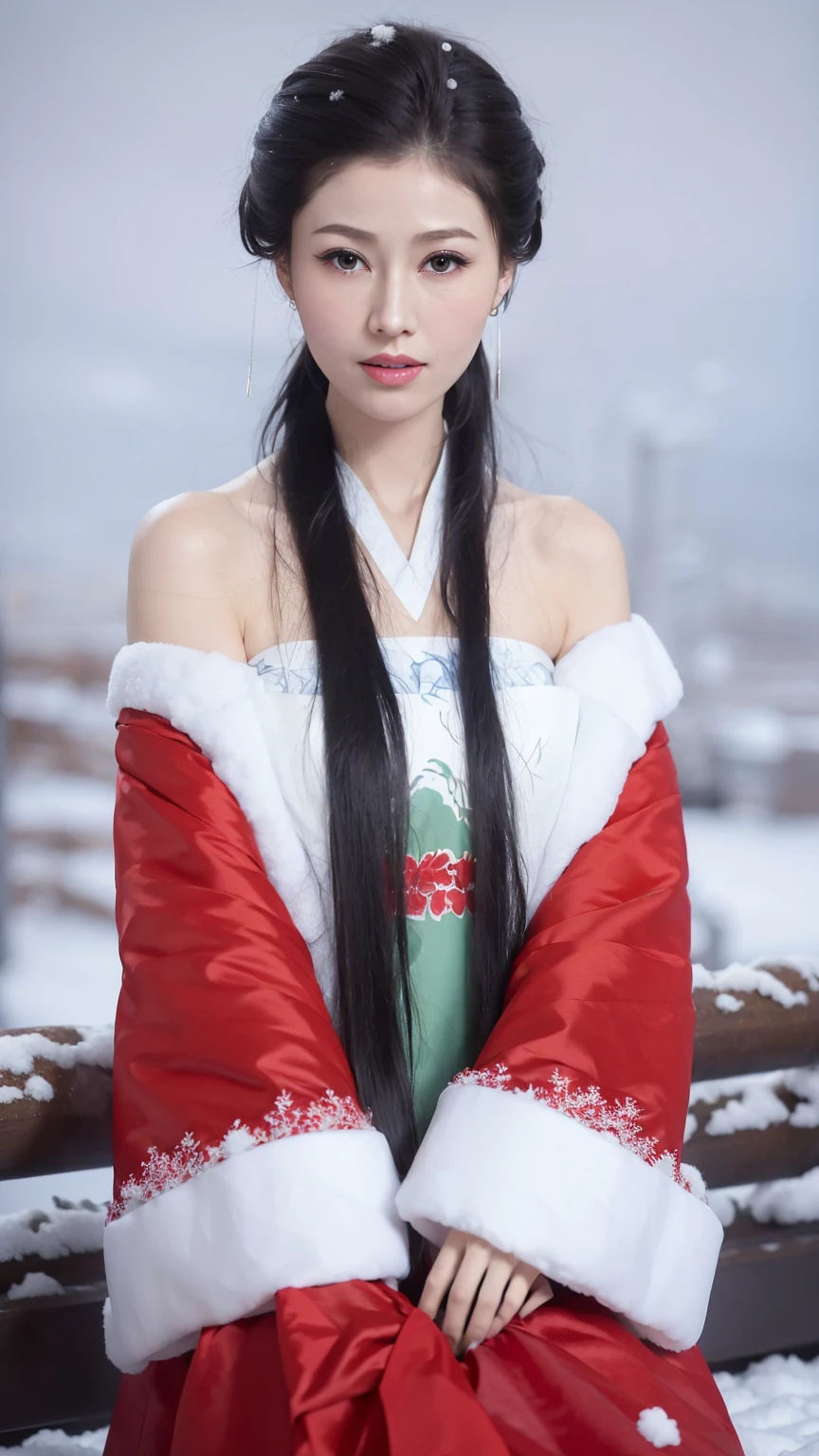 1 Fashion Model [[[[close up]]]], [[[[neck]]]], [[[[Shoulder]]]], (((Complete head)))，(((Complete hairstyle)))，Perfect eyes, Perfect Iris，Perfect lips，Perfect Teeth，Perfect skin，White skin，Soft headlights，High-density imaging，Black long hair，（Clean and delicate face），((Red fur winter hanfu))，((Half-length photo))，((The background is a snowy scene))，((winter))，((Various dynamic poses))，((The background is a snowy scene))，best quality，masterpiece，（Soft colors：1.2）