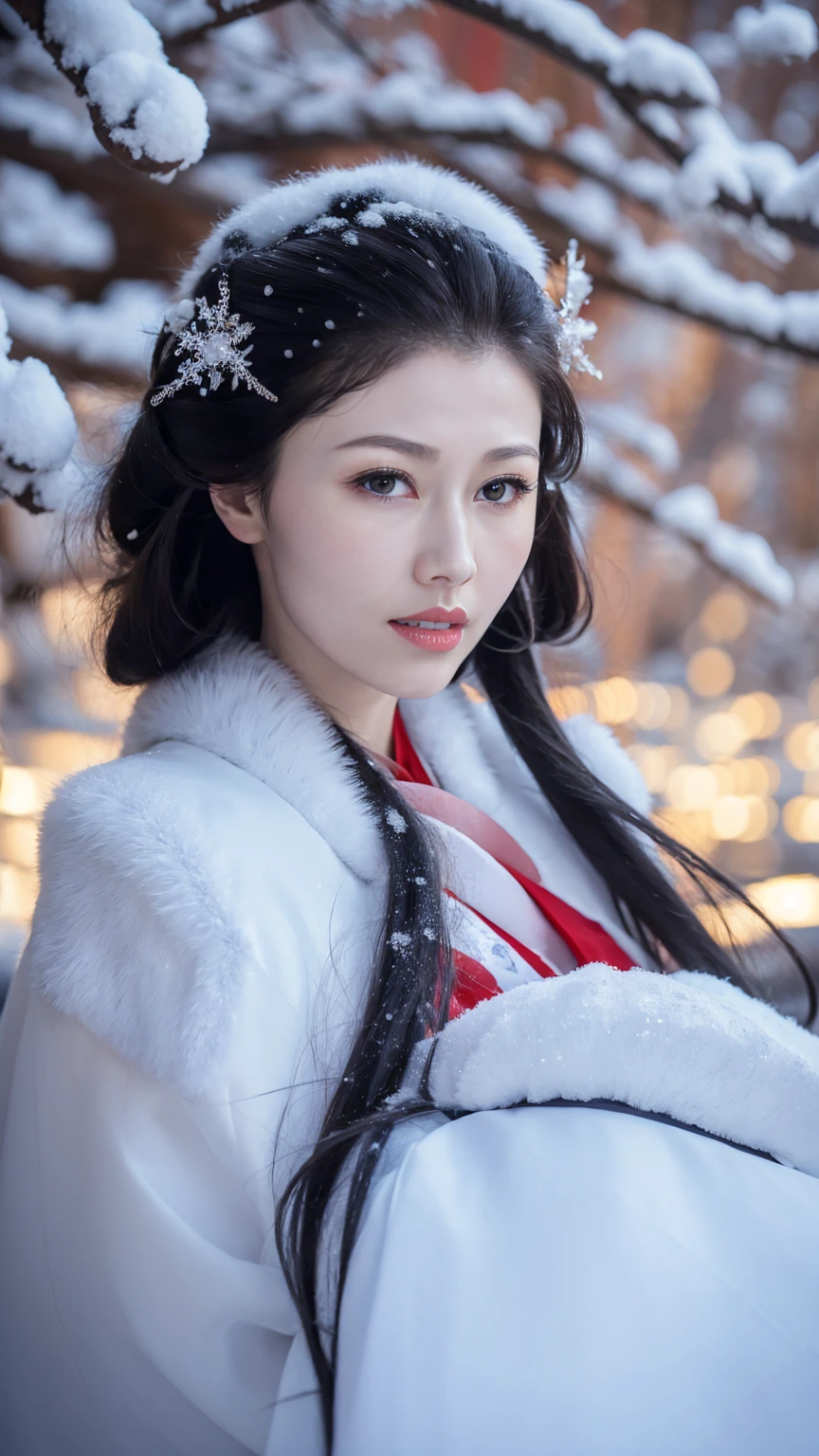 1 Fashion Model [[[[close up]]]], [[[[neck]]]], [[[[Shoulder]]]], (((Complete head)))，(((Complete hairstyle)))，Perfect eyes, Perfect Iris，Perfect lips，Perfect Teeth，Perfect skin，White skin，Soft headlights，High-density imaging，Black long hair，（Clean and delicate face），((Red fur winter hanfu))，((Half-length photo))，((The background is a snowy scene))，((winter))，((Various dynamic poses))，((The background is a snowy scene))，best quality，masterpiece，（Soft colors：1.2）