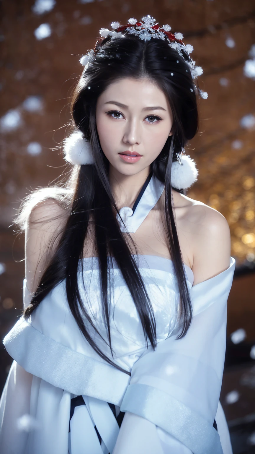 1 Fashion Model [[[[close up]]]], [[[[neck]]]], [[[[Shoulder]]]], (((Complete head)))，(((Complete hairstyle)))，Perfect eyes, Perfect Iris，Perfect lips，Perfect Teeth，Perfect skin，White skin，Soft headlights，High-density imaging，Black long hair，（Clean and delicate face），((Red fur winter hanfu))，((Half-length photo))，((The background is a snowy scene))，((winter))，((Various dynamic poses))，((The background is a snowy scene))，best quality，masterpiece，（Soft colors：1.2）