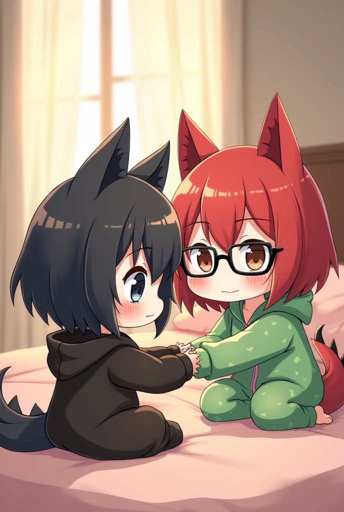 one girl has black wolfcut hair, wearing a cute black bat pajama with hoodie the other girl has red shoulder length wolfcut hair, wearing black glasses, brown eyes, wearing a cute green dinosaur pajama with hoodie. the other one is watching the other one sleep. make them look like a chibbi
 