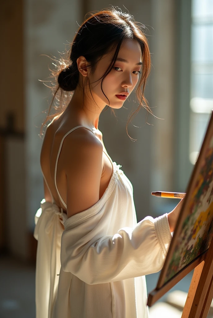 High-definition photography of an Asian female painter, clad only in an open-front white long shirt with no additional clothing or pants, showcasing her distinctive and unconventional style, one shoulder strap slipping off, revealing her sensuality and charm, painting in a loft with sunlight filtering through the skylight, masterpiece, best quality, high-resolution style, natural lighting, depth of field, detailed character, detailed environment.