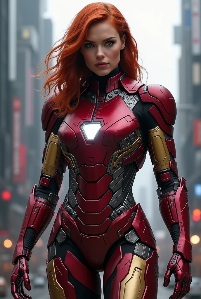 Black Widow wearing Iron Man suit