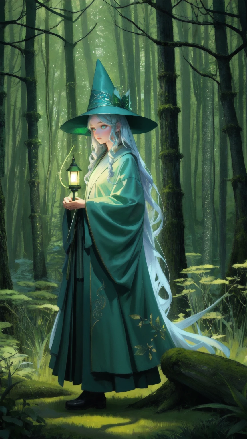 "A whimsical forest scene with a magical ambiance. The background features tall, twisted trees with curling branches that stretch out in various directions, covered in vibrant green moss and leaves. The forest floor is a mix of cobblestone paths, interspersed with patches of soft, glowing grass and vines that wind around the roots and rocks. A young girl stands in the middle of the path, wearing a pointy wizard hat and a flowing robe, her eyes wide with wonder. She holds a lantern emitting a soft, greenish glow that matches the atmosphere around her. The background should feel enchanting and surreal, with no text in the image."