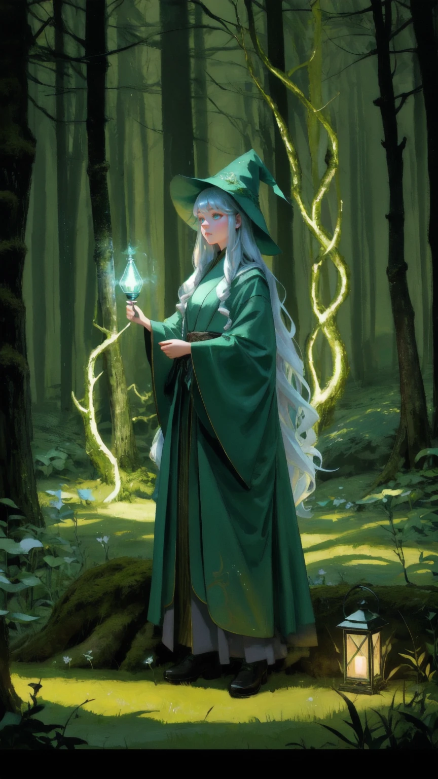 "A whimsical forest scene with a magical ambiance. The background features tall, twisted trees with curling branches that stretch out in various directions, covered in vibrant green moss and leaves. The forest floor is a mix of cobblestone paths, interspersed with patches of soft, glowing grass and vines that wind around the roots and rocks. A young girl stands in the middle of the path, wearing a pointy wizard hat and a flowing robe, her eyes wide with wonder. She holds a lantern emitting a soft, greenish glow that matches the atmosphere around her. The background should feel enchanting and surreal, with no text in the image."