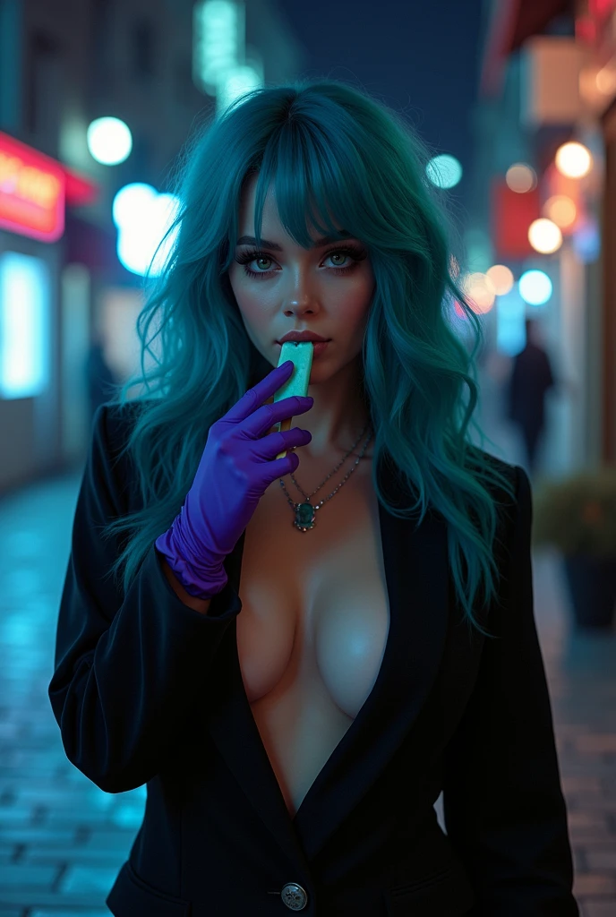 (best quality,highres,masterpiece:1.4),ultra-detailed,sexy woman on a nighttime street, Kafka, cyan hair, black jacket, purple gloves, huge file size, art collection, art books, large-sized breasts, cinematic angle, black, slender waist, (melting ice popsicle in mouth), super sexy seductive expressions with melting ice cream, real ultra realistic 8k goddess of temptation with cyan coloured hair and perfect beautiful face ratio according to mathematically, perfect jawlines, perfect face cut, perfect cheek bones,