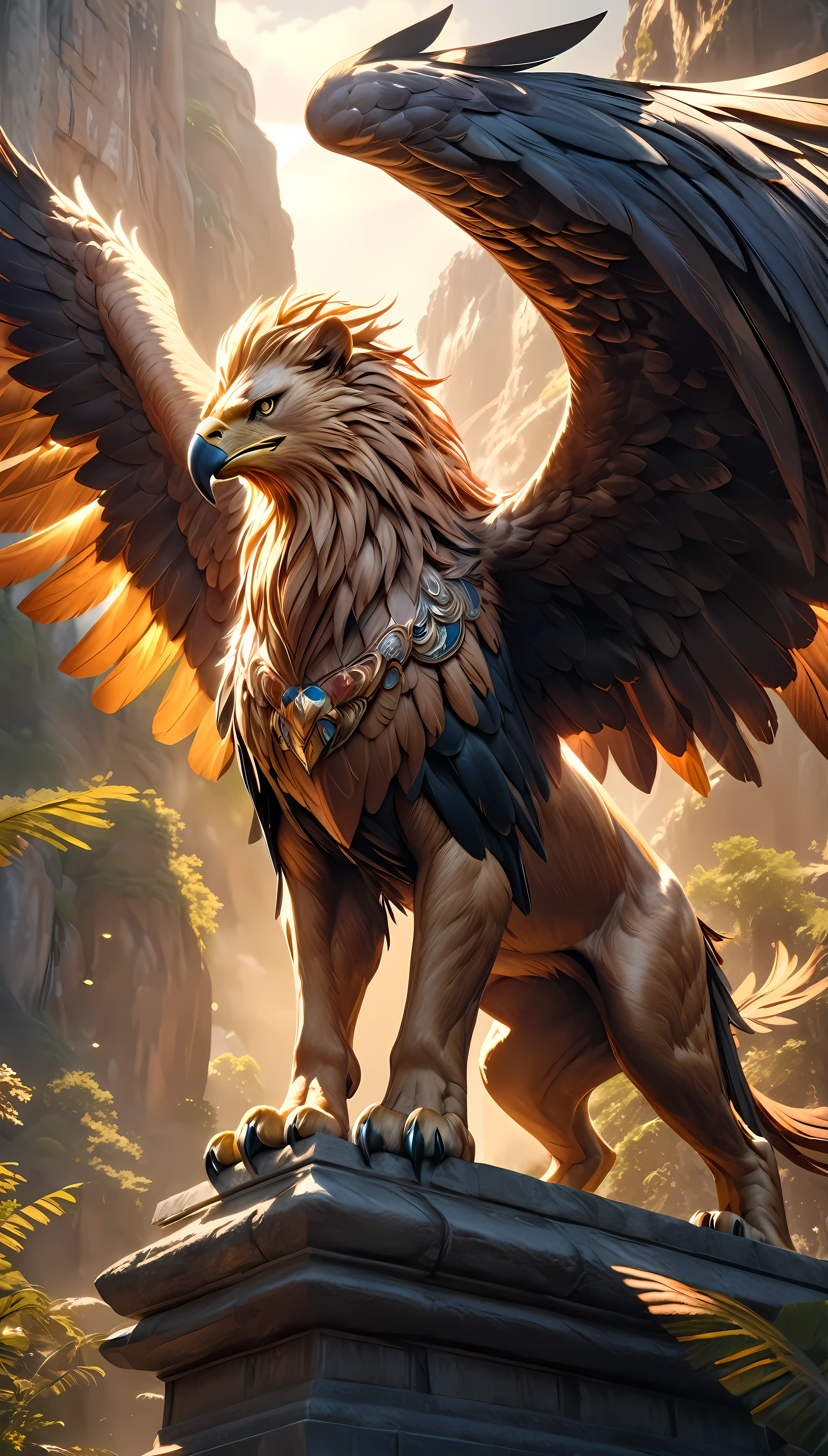 a magnificent griffin, a seamless fusion of eagle head and wings with a lion's body, imposing and majestic appearance, a legendary and awe-inspiring creature, exquisite and lustrous textures, (best quality,4k,8k,highres,masterpiece:1.2),ultra-detailed,(realistic,photorealistic,photo-realistic:1.37),dramatic lighting,cinematic composition,vibrant colors,intricate details