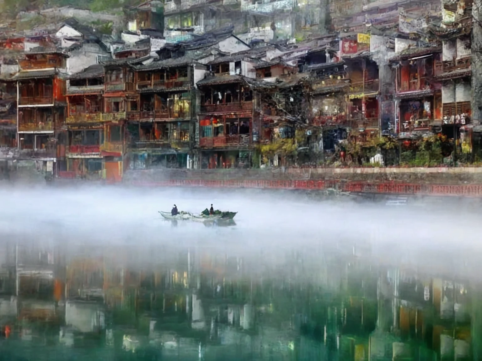 There are many buildings along the river，There is a boat in the river。, Dreamy Chinatown, China Village, author：Cold plum, author：Yang Borun, beautiful place, by Zheng Xie, by Zou Zhe, author：Gu An, author：Shi Rui, Incredibly beautiful, Beautiful and mysterious, by Xia Yong, by Jiang Tingxi, Breathtaking