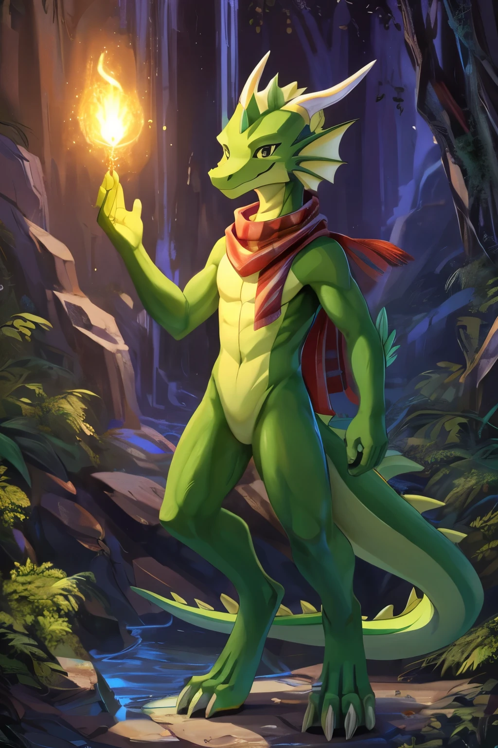 (anime), (front facing), (looking at the camera), slim furry green and lime dragon using old magic, green main body color, smooth skin, very long muzzle, neck and tail fur, digitigrade, creative horns, feathers, gradients, (wearing only a scarf), nature background, full body