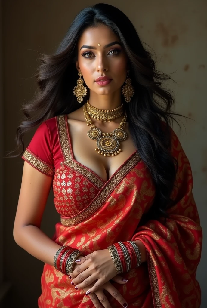 Indian woman in saree deep neck blouse big breat with jewelry