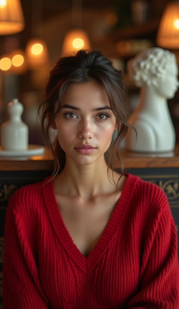 (masterpiece:1.5)、(realistic:1.5)、(highest quality:1.4、8k、RAW photo)、 ultra high resolution、professional lighting、perfect dynamic composition、Photographed at an antique and stylish cafe、 film grain、chromatic aberration、(bokeh:1.1)、 Frank、Sophisticated、charm、Realistic、high detail、golden ratio、 (1 girl)、beautiful indian fair Slender girl、Delicate and charming girl、cute woman:1.4、 serious expression、looking at the viewer、sculpture installation、light brown hair、shining hair、Hair style is ponytail、 skin that looks real、 close your mouth、fine eyes、double eyelid、thin arms、(Wearing a red knitted sweater:1.3)