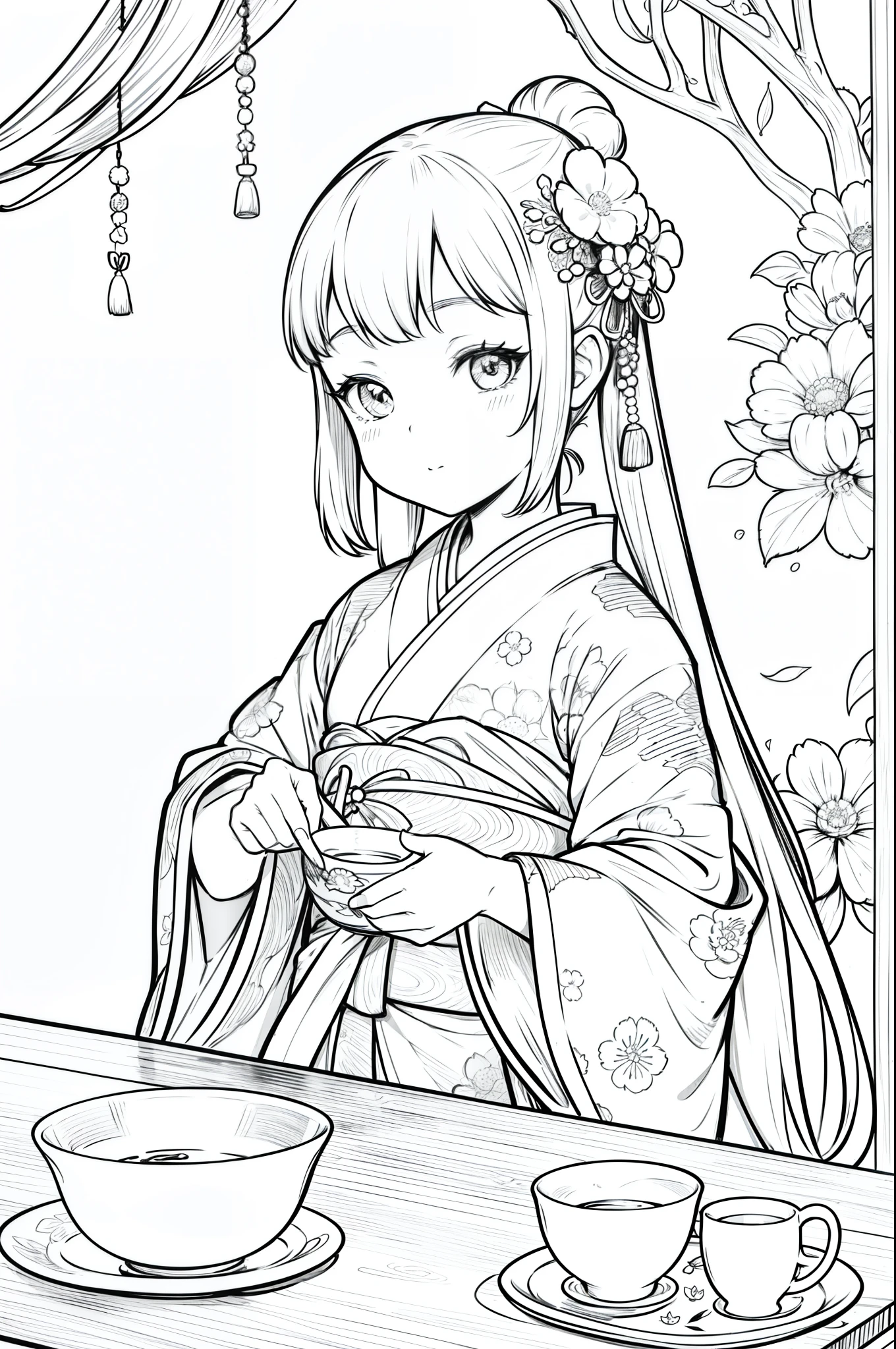 Masterpiece, top class, unique, cute, flower, line drawing background, white background, monochrome, line drawing, ((sketch)), creepy, white eyes, create a monochrome coloring book that even adults can easily do, a realistic and cute ukiyo-e of a girl wearing a kimono and holding a spawn against the backdrop of a tea room with a hanging scroll, and small plates and tea bowls with sweets on them lined up on the table, conveying Japanese culture.