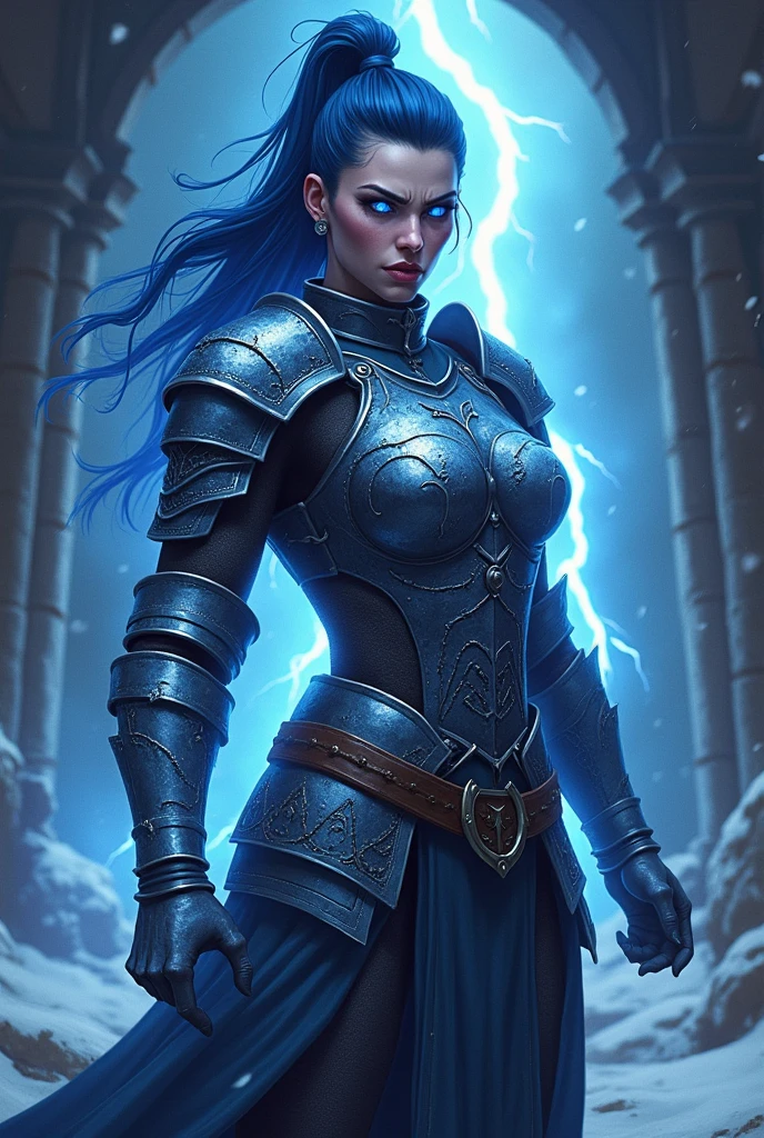 Aletta Ocean, angry evil beautiful and muscular, Nordic female, towering storm Giantess with blue black hair in a ponytail, older and mature woman, throwing a lightning ball, celtic glowing tattoos, wearing nordic steel runic plate mail Armour , temple cave background with lightning storm, glowing blue eyes, square jaw, powerful and imposing, winter clothing, pale blue purple skin, ((full plate celtic dragon armour)), nordic tattoos, fit bodybuilder, facing the camera , ultra detailed, looking outraged