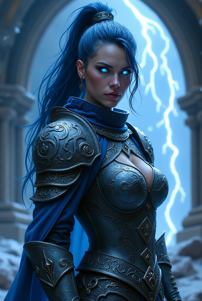 Aletta Ocean, angry evil beautiful and muscular, Nordic female, towering storm Giantess with blue black hair in a ponytail, older and mature woman, throwing a lightning ball, celtic glowing tattoos, wearing nordic steel runic plate mail Armour , temple cave background with lightning storm, glowing blue eyes, square jaw, powerful and imposing, winter clothing, pale blue purple skin, ((full plate celtic dragon armour)), nordic tattoos, fit bodybuilder, facing the camera , ultra detailed, looking outraged
